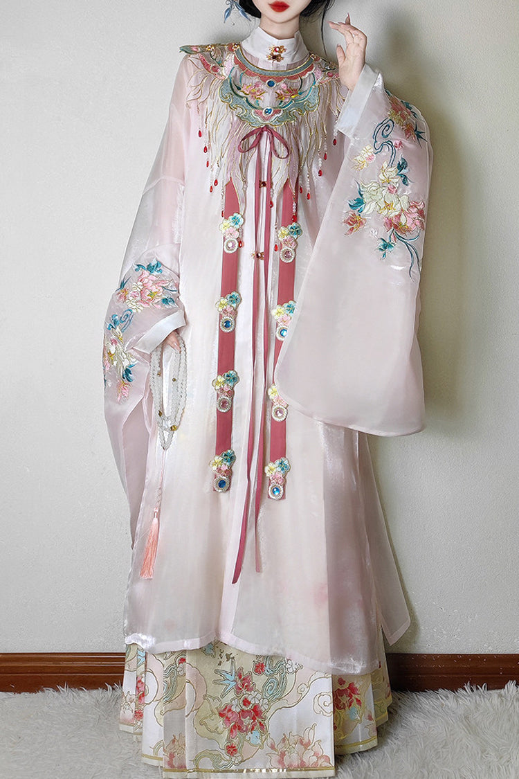 Blush Round Collar Long-Sleeve High-Waist Printed Embroidered Hanfu Set - Fragrant Flower Rain