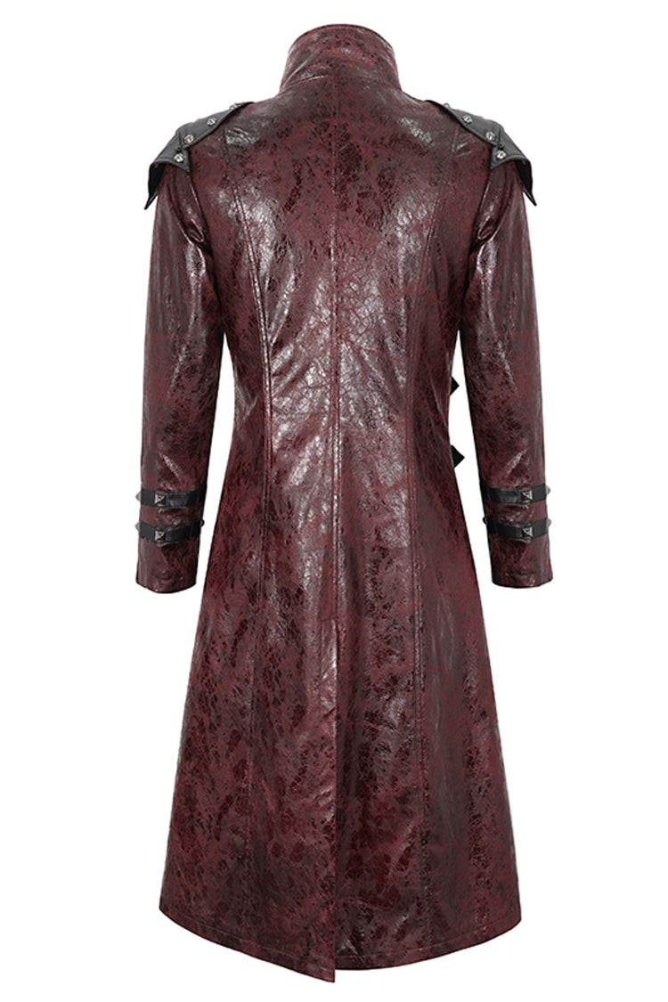 Crimson High-Neck Punk Leather-Look Long Coat with Multiple Buckles