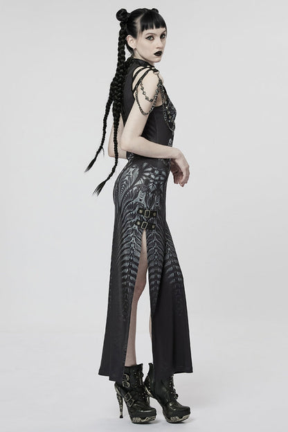 Side Slit Lace-Up Dress with Chain - Women's Gothic