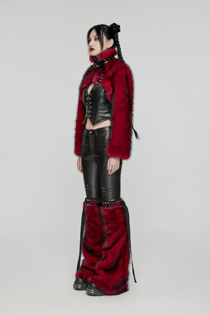 Crimson High-Neck Punk Faux Fur Cropped Jacket with Long Sleeves
