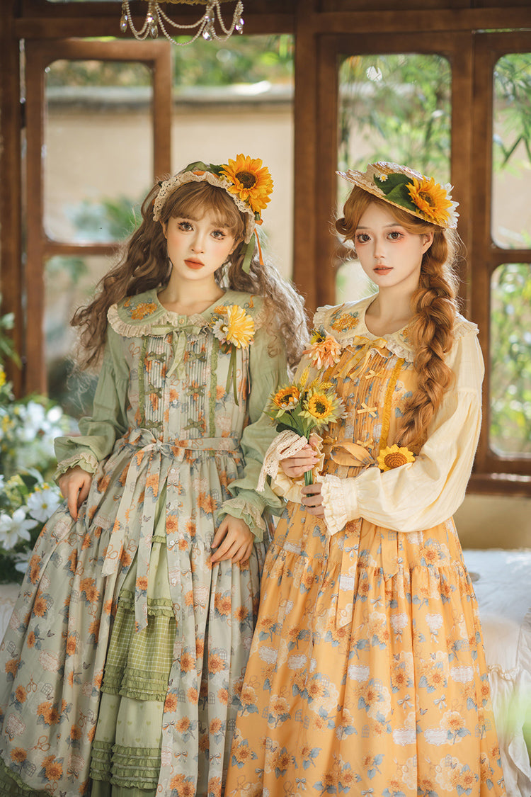 Emerald Sleeveless Sunflower Ruffle Bow Sweet Lolita Jumper Dress