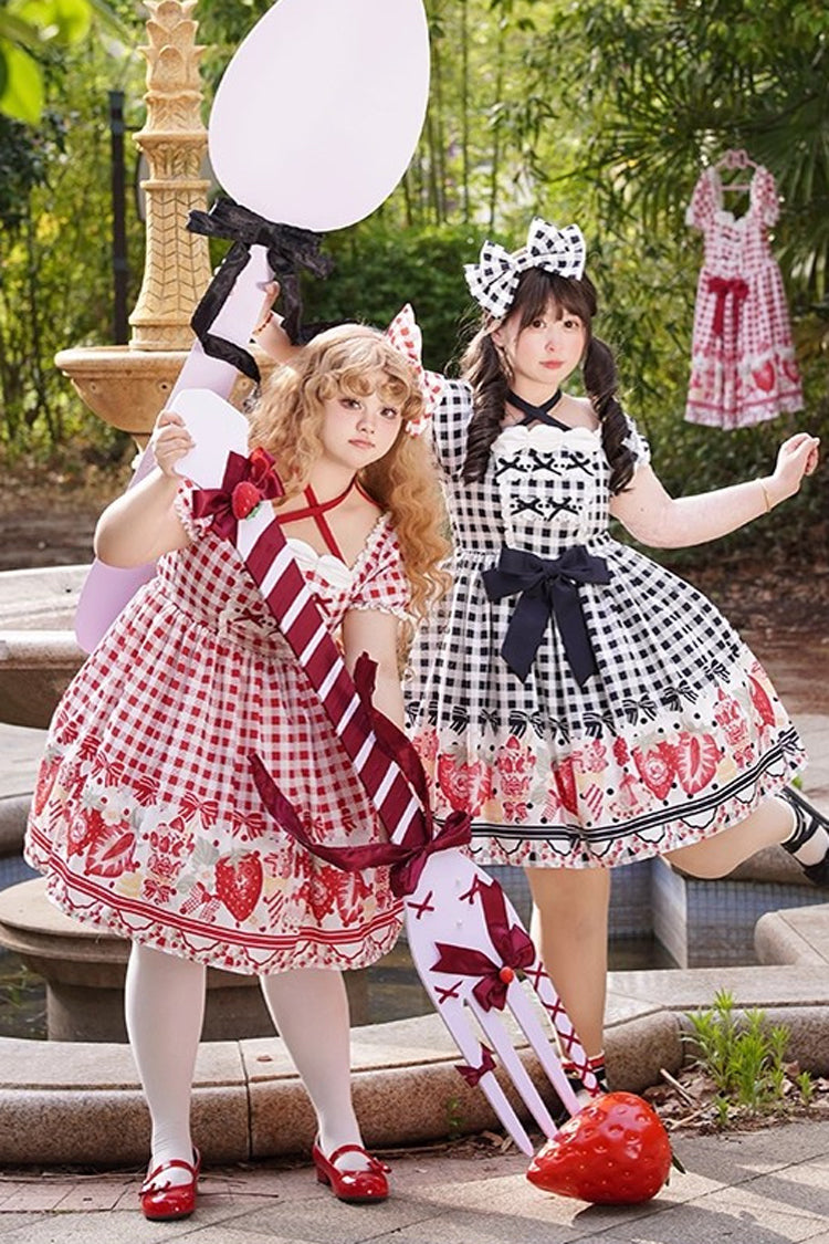 Crimson Sweet Plus Size Lolita Dress with Strawberry Plaid and Bow