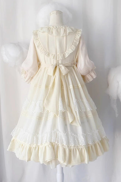 Cool Angel Sweet Lolita Dress with Bowknot, Ruffles & Short Lace Sleeves, Cream