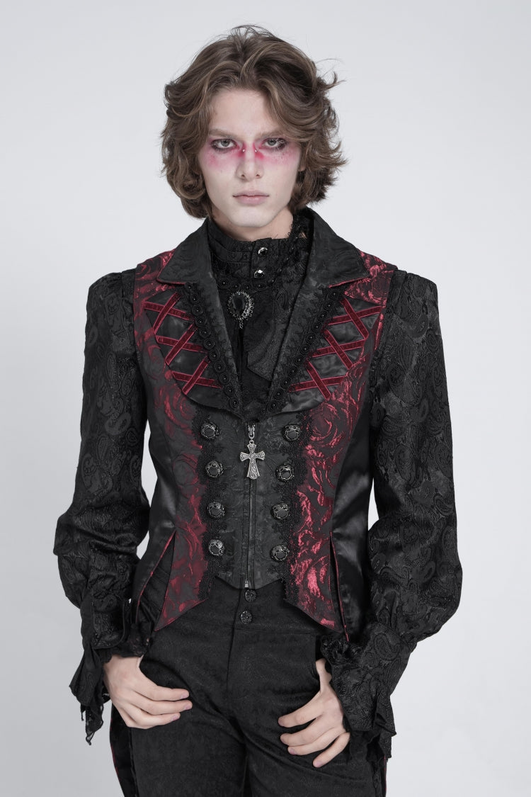 Crimson & Obsidian Sleeveless Lace-Up Zipper Swallow-Tailed Vest