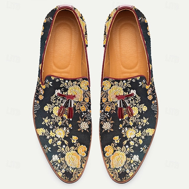 with Jacquard Loafers Floral Pattern Tassels for Men's