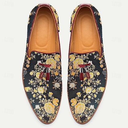 with Jacquard Loafers Floral Pattern Tassels for Men's