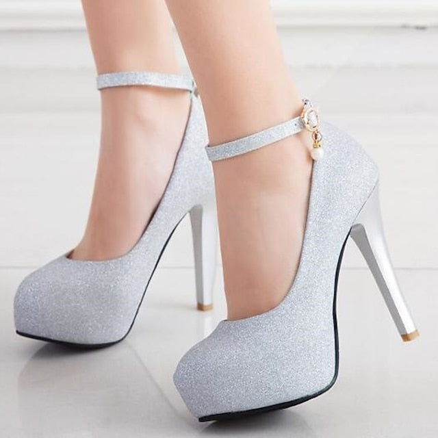 Stiletto Silver Heels Glitter Ankle Women's Platform with