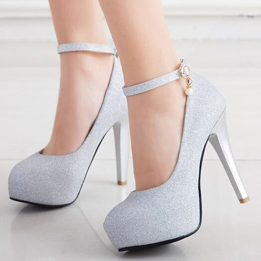 Stiletto Silver Heels Glitter Ankle Women's Platform with