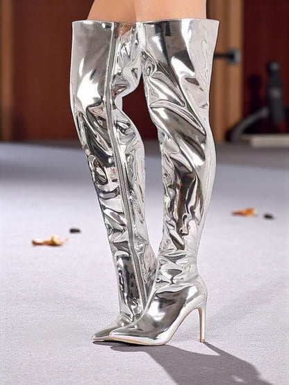 Leather Pointed Black Patent Over-the-Knee Toe Women's