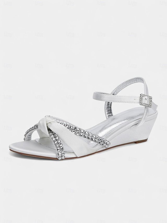 - Satin Green Rhinestone Wedge Sandals Knot Women's