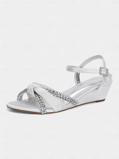 - Satin Green Rhinestone Wedge Sandals Knot Women's