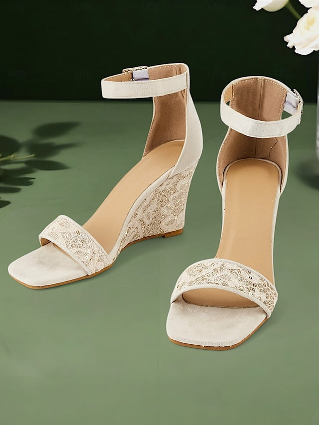 Strap for White Lace Women Stylish Wedge Heel Ankle Sandals –