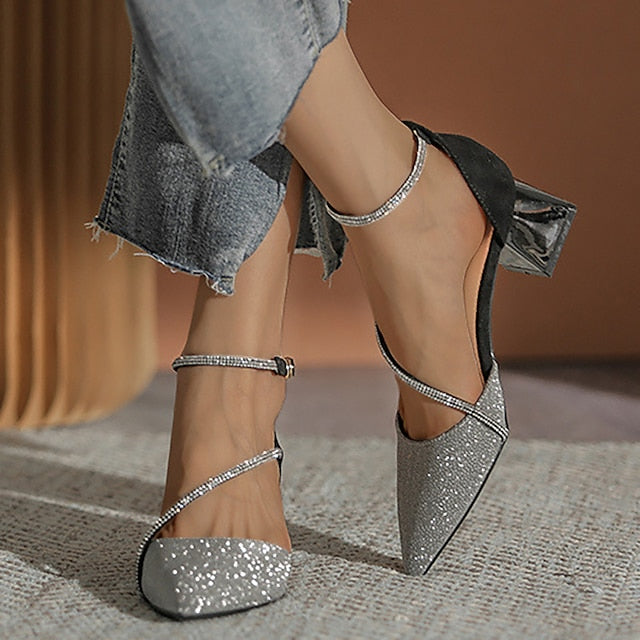 Glitter Heels Ankle with Block Mesh Pointed Toe Women's