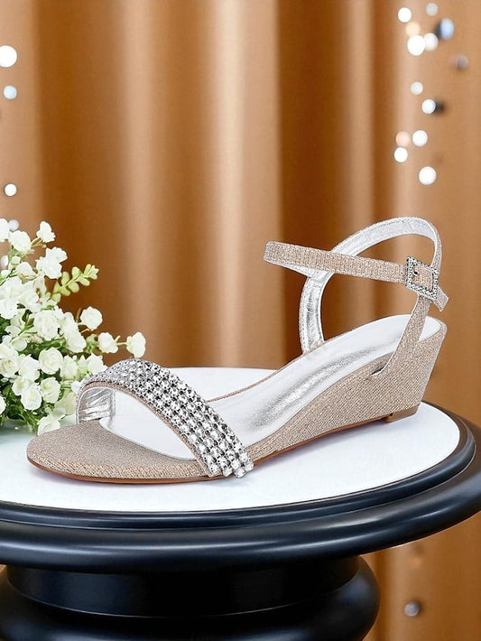 Open - Rhinestone Sandals Champagne Wedge Toe Women's