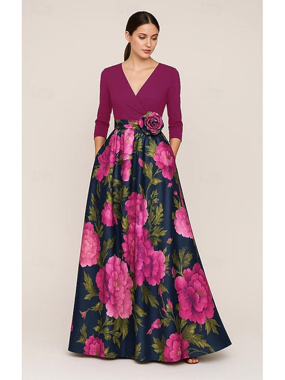 Mother Floral Evening Print A-Line of Bride Elegant Gown the