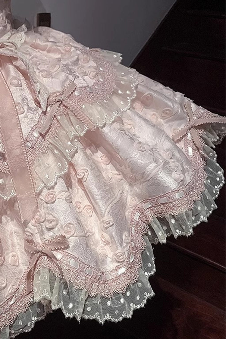 Blush Double-Layered Ruffle Embroidered Bow Lace Sweet JSK - Floral Overture