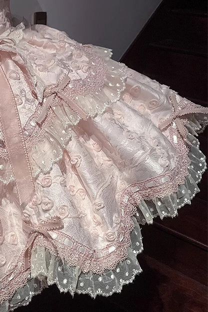 Blush Double-Layered Ruffle Embroidered Bow Lace Sweet JSK - Floral Overture