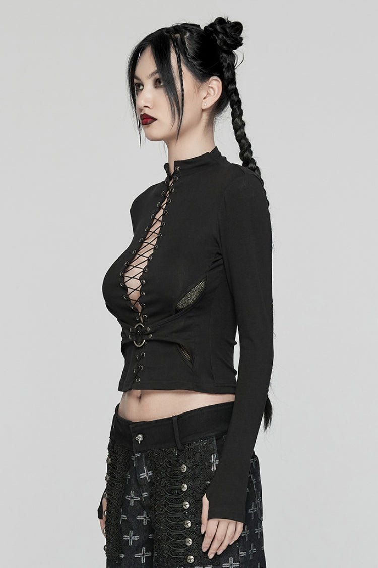 Ebony Long-Sleeve Lace-Up Sheer Punk Blouse
