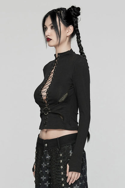 Ebony Long-Sleeve Lace-Up Sheer Punk Blouse