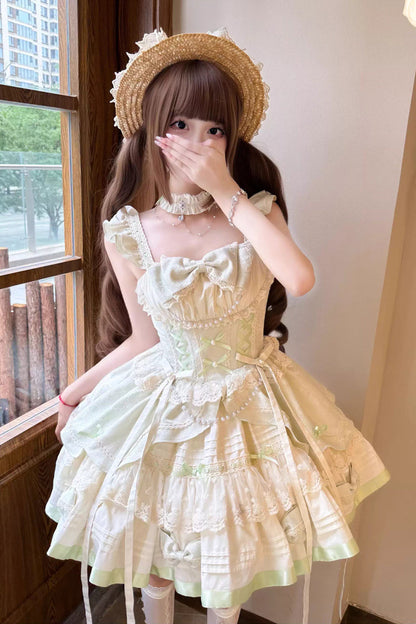 Sleeveless Ruffle Bowknot Lace Sweet Ballet Lolita JSK Dress in Mint Milk Green