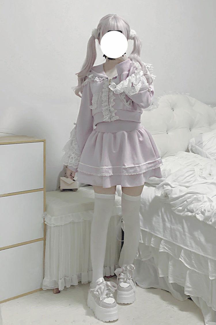 Blush Long-Sleeve Ruffle Lace Hooded Jirai Kei Skirt Set - Heartbeat Rhythm