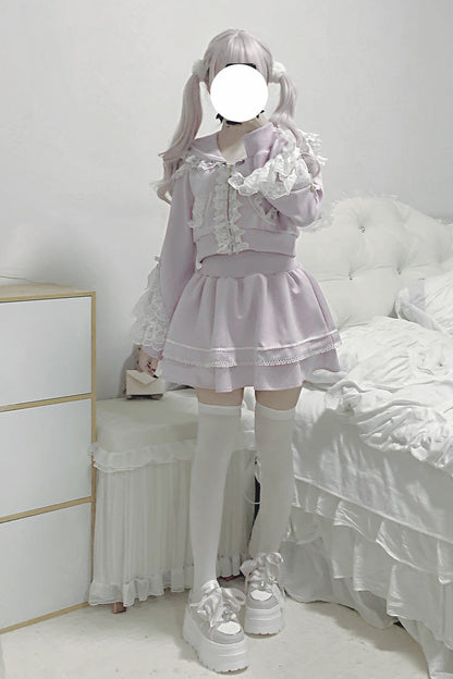 Blush Long-Sleeve Ruffle Lace Hooded Jirai Kei Skirt Set - Heartbeat Rhythm