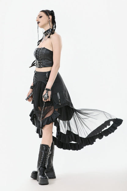 Women's Punk Skirt with Eyelet Straps, Ruffled Sheer Mesh and High-Low Layers