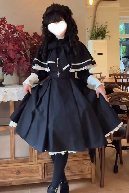 Maid Lolita Two-Piece Set with Cloak - Ruffled Bow Design