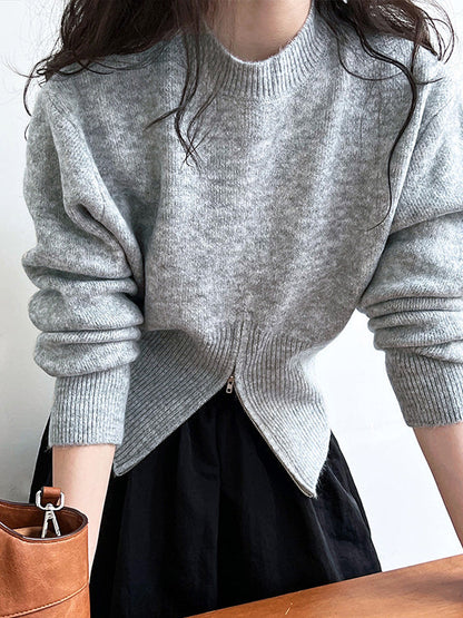 Chic Grey Mock Neck Zip-up Hem Long Sleeve Sweater AN1072