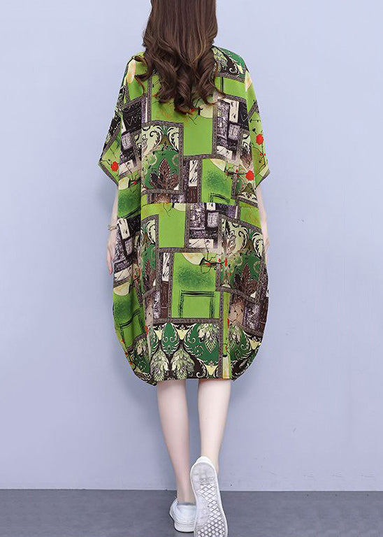 Loose Green Print Pockets Cotton Shirts Dress Half Sleeve NN030