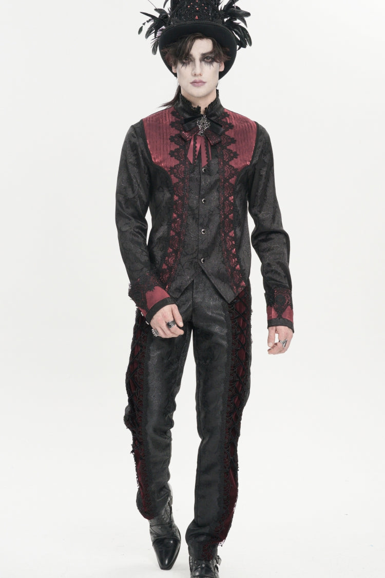 Crimson High-Neck Gothic Palace Shirt with Jacquard and Bow Accents