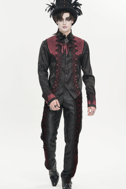 Crimson High-Neck Gothic Palace Shirt with Jacquard and Bow Accents