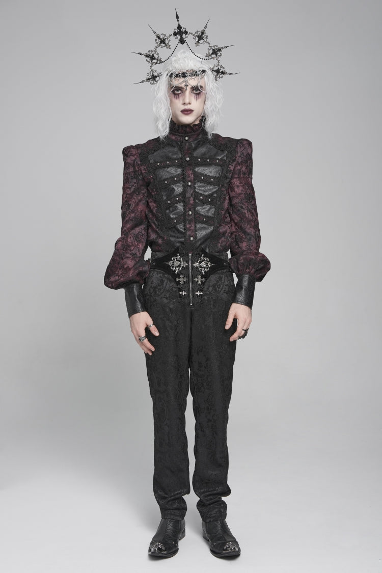 Crimson & Obsidian Stand Collar Long Lantern Sleeves Floral Print Embroidery Gothic Blouse
