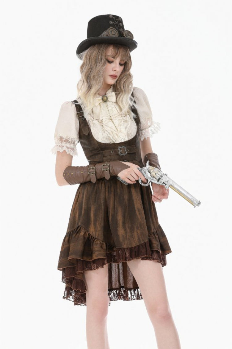 Gothic Women's Blouse with Puff Sleeves, Sheer Lace-Up & Detachable Bow