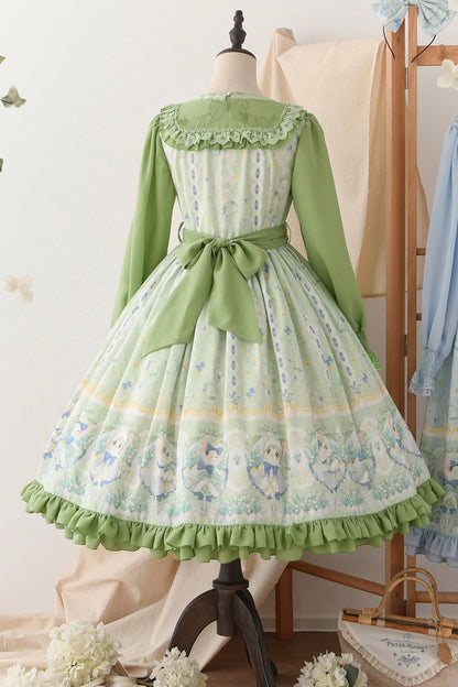 Emerald Lily Valley Cat Printed Embroidery Bowknot Sweet Dress