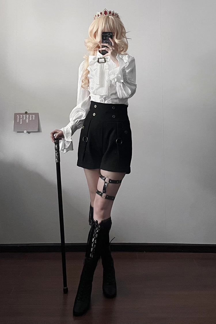 Lapel Collar Long Sleeve Striped Print Ruffle Ouji Gothic Blouse