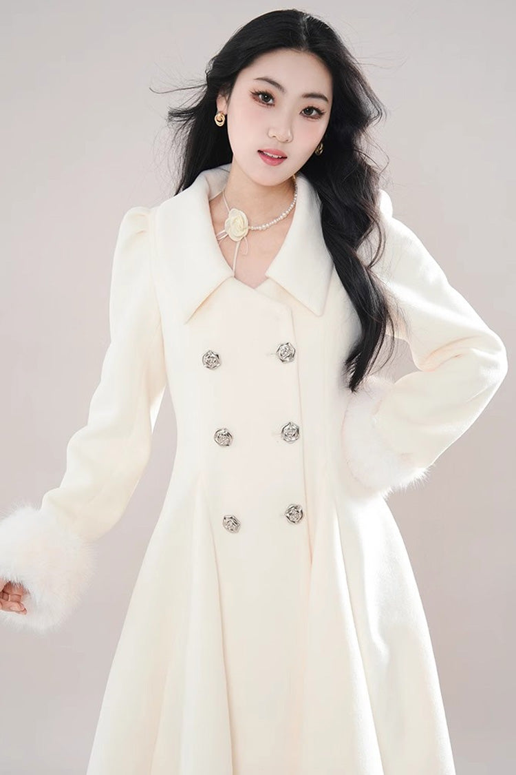 Elegant Princess Lolita Coat with Double-Breasted Front & Removable Fur Collar, Cream