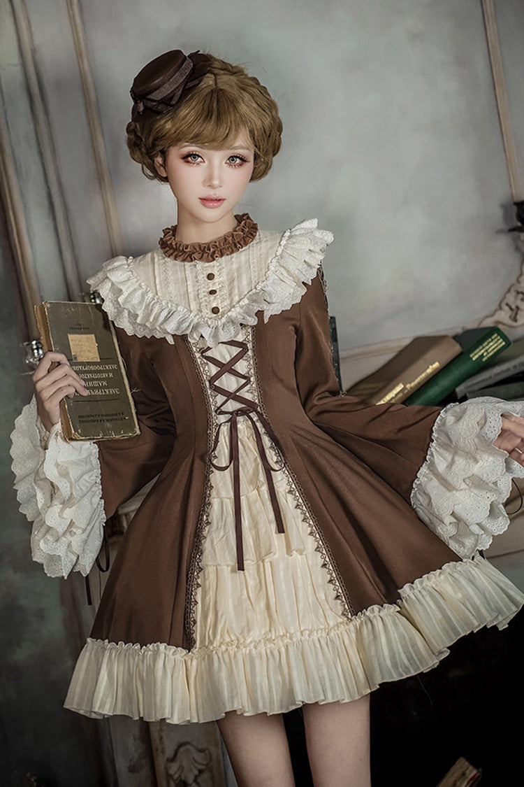 Nutcracker Stand Collar Trumpet Sleeve Lolita Dress Set with Bow - Lace-Up