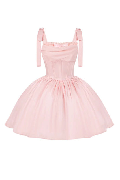 Blush Sleeveless Ruffle Bow Fishbone Sweet JSK - Foamy Sea