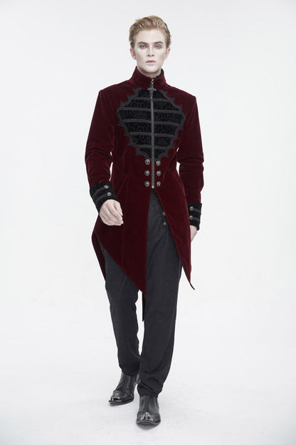 Crimson High-Neck Gothic Coat with Lace Panels and Swallowtail Back