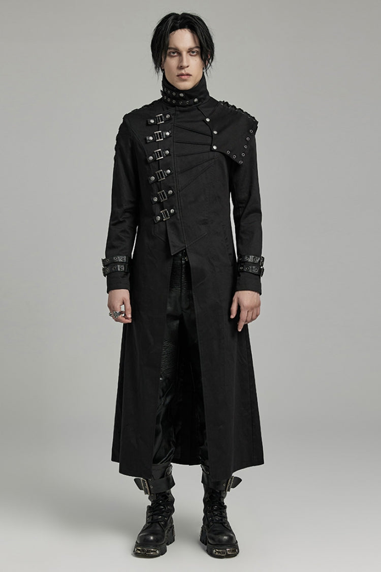 Men's Black Gothic Coat, Slim Fit with Detachable Shoulder Pads and High Collar