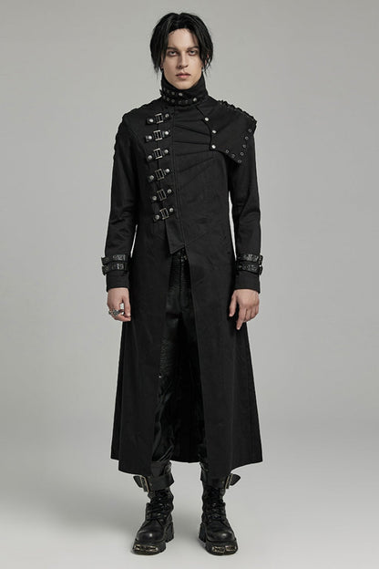 Men's Black Gothic Coat, Slim Fit with Detachable Shoulder Pads and High Collar