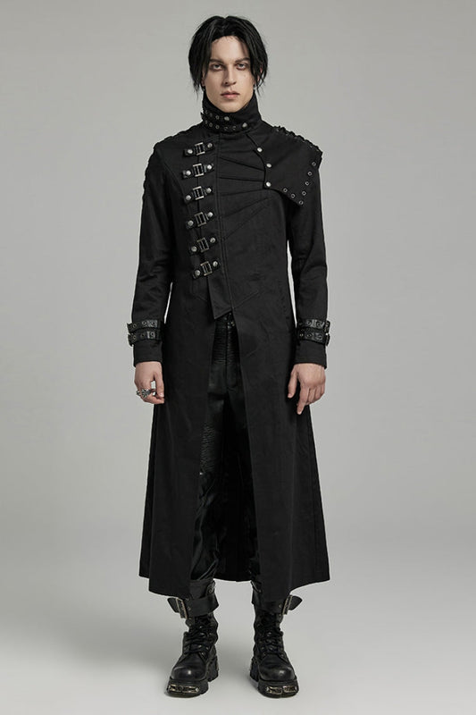 Men's Black Gothic Coat, Slim Fit with Detachable Shoulder Pads and High Collar