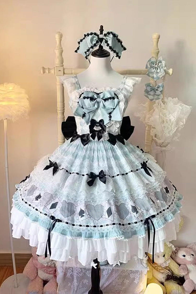 Sleeveless Print Ruffle Bowknot Lace Sweet Lolita Dress in Mint Green Bamboo Overture