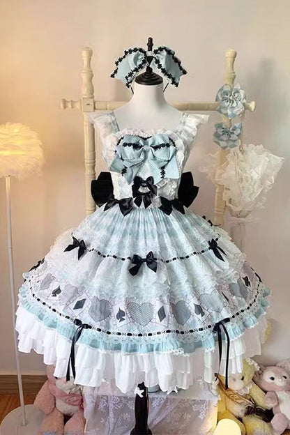 Sleeveless Print Ruffle Bowknot Lace Sweet Lolita Dress in Mint Green Bamboo Overture