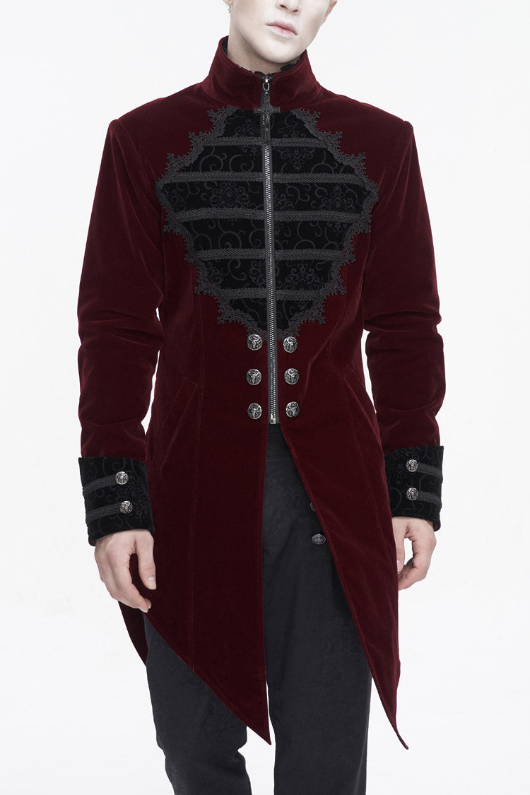 Crimson High-Neck Gothic Coat with Lace Panels and Swallowtail Back