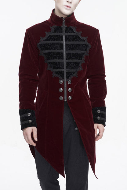 Crimson High-Neck Gothic Coat with Lace Panels and Swallowtail Back
