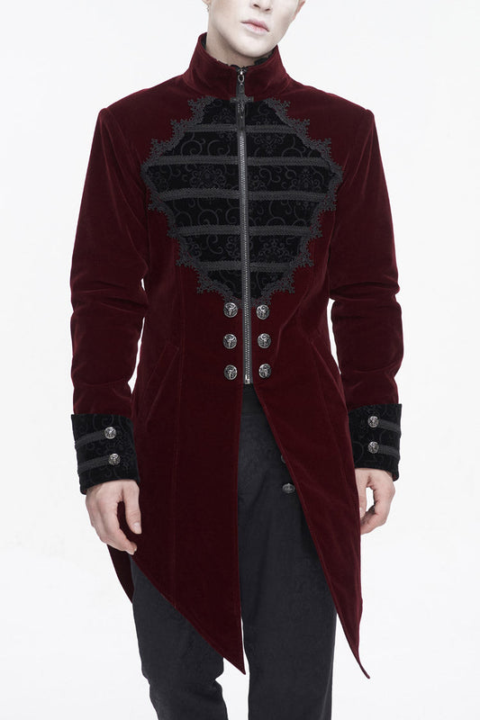 Crimson High-Neck Gothic Coat with Lace Panels and Swallowtail Back