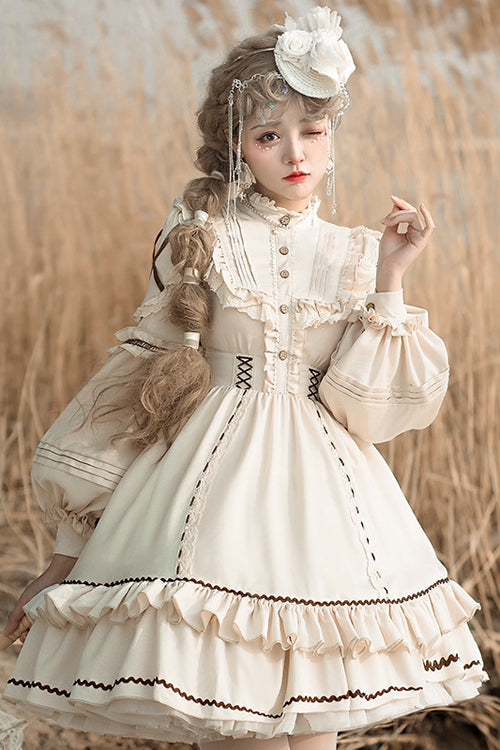 Tiered Sweet Lolita OP Gown with Removable Multi-Layer Ruffles & Lantern Sleeves, Cream