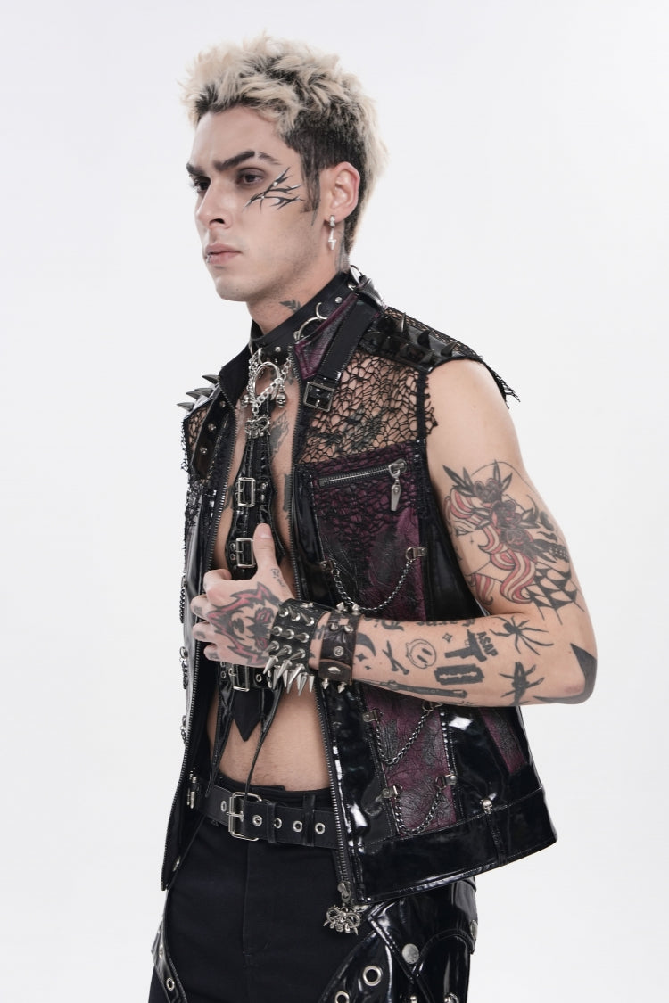 Men's Black Punk Vest, Spliced Mesh with Studs, Zippers and Eyelets